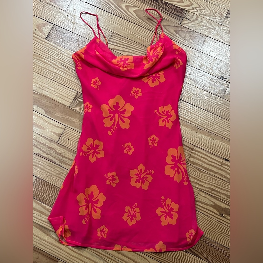 Cowl Neck Mini Dress in Pink with Orange Floral Print